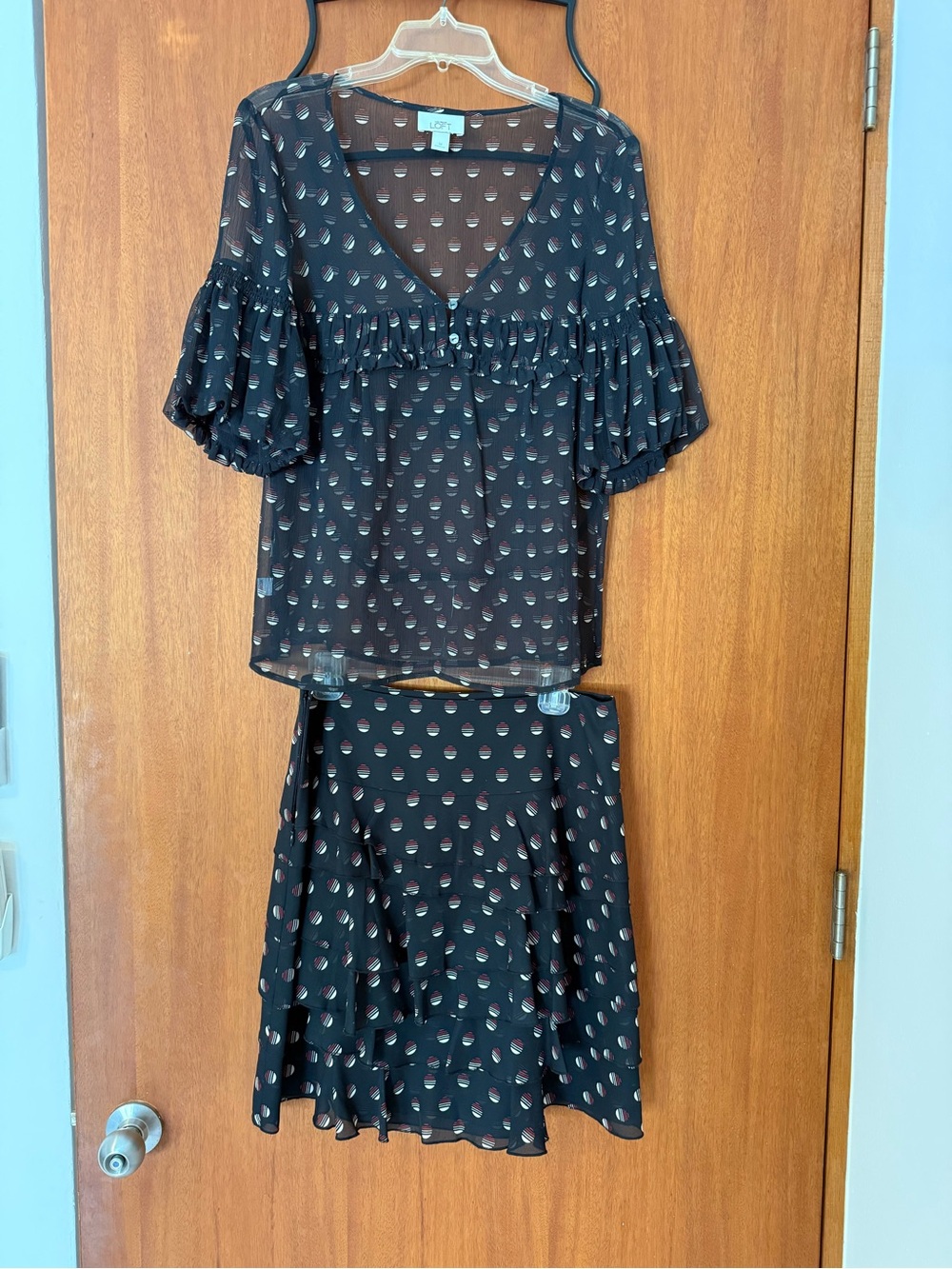 Vintage LOFT Black Midi Two-Piece Dress Set with Dot Print - TOP